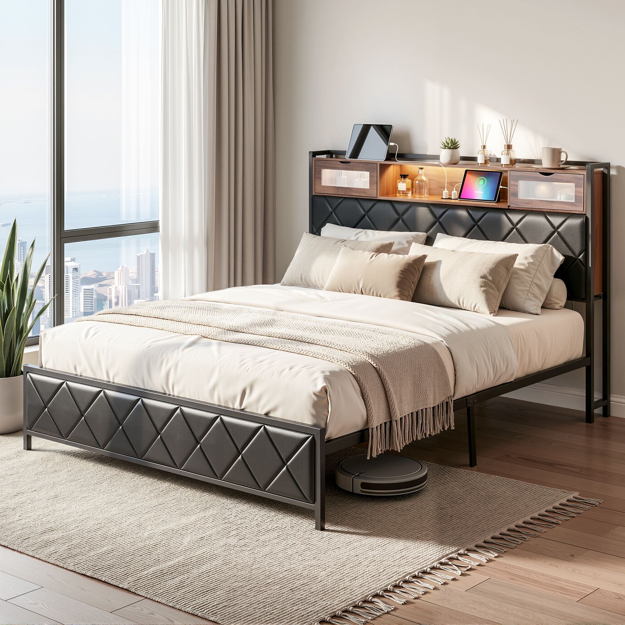 Artiss King Bed Frame with LED Lights and Storage Headboard Charging Station BFRAME-J-MEL-K-BK-AB