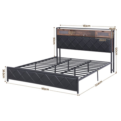 Artiss King Bed Frame with LED Lights and Storage Headboard Charging Station BFRAME-J-MEL-K-BK-AB