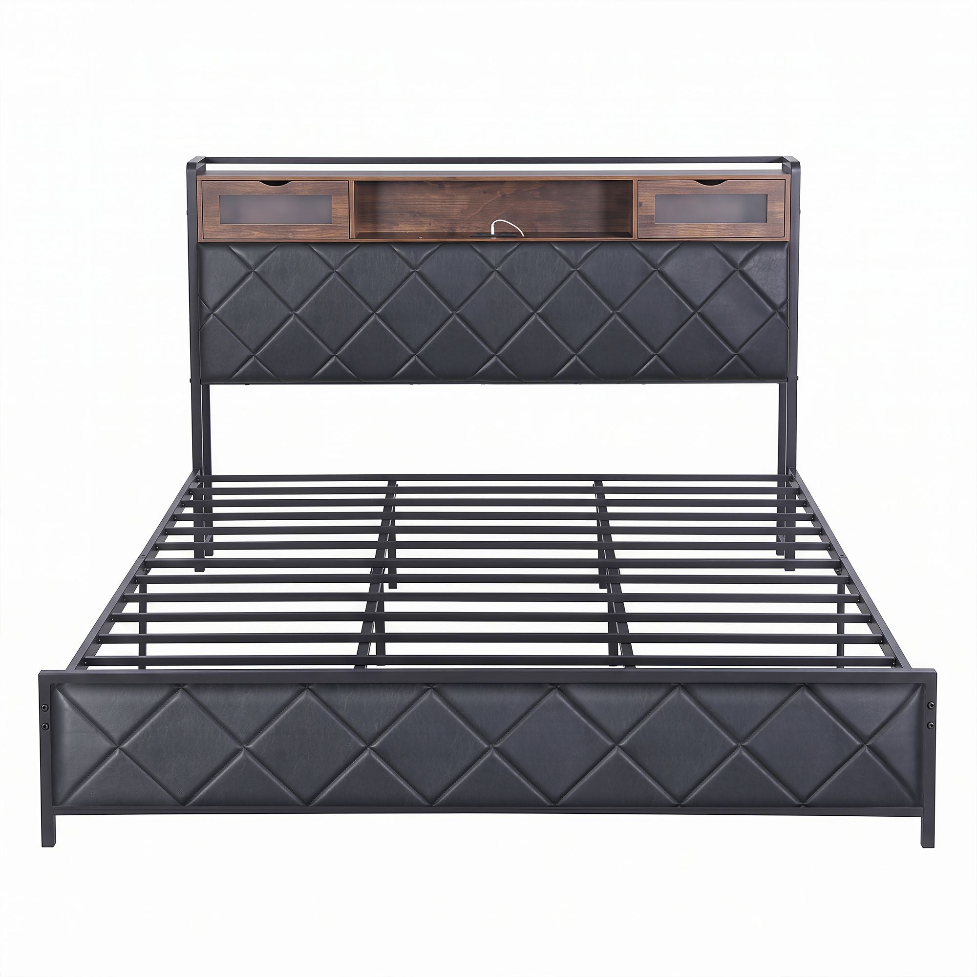Artiss King Bed Frame with LED Lights and Storage Headboard Charging Station BFRAME-J-MEL-K-BK-AB