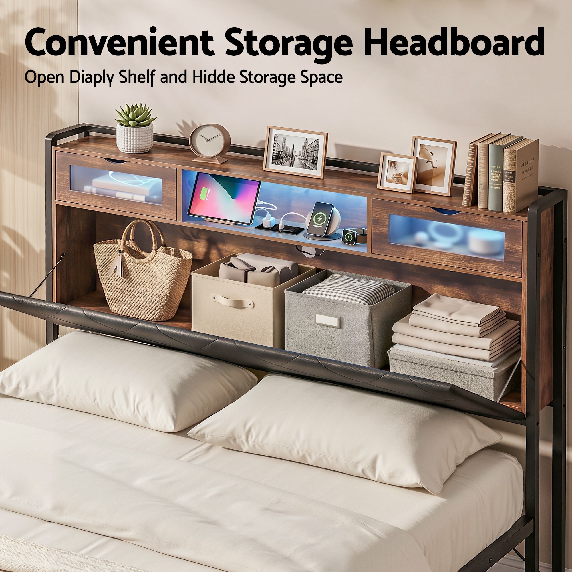 Artiss King Bed Frame with LED Lights and Storage Headboard Charging Station BFRAME-J-MEL-K-BK-AB