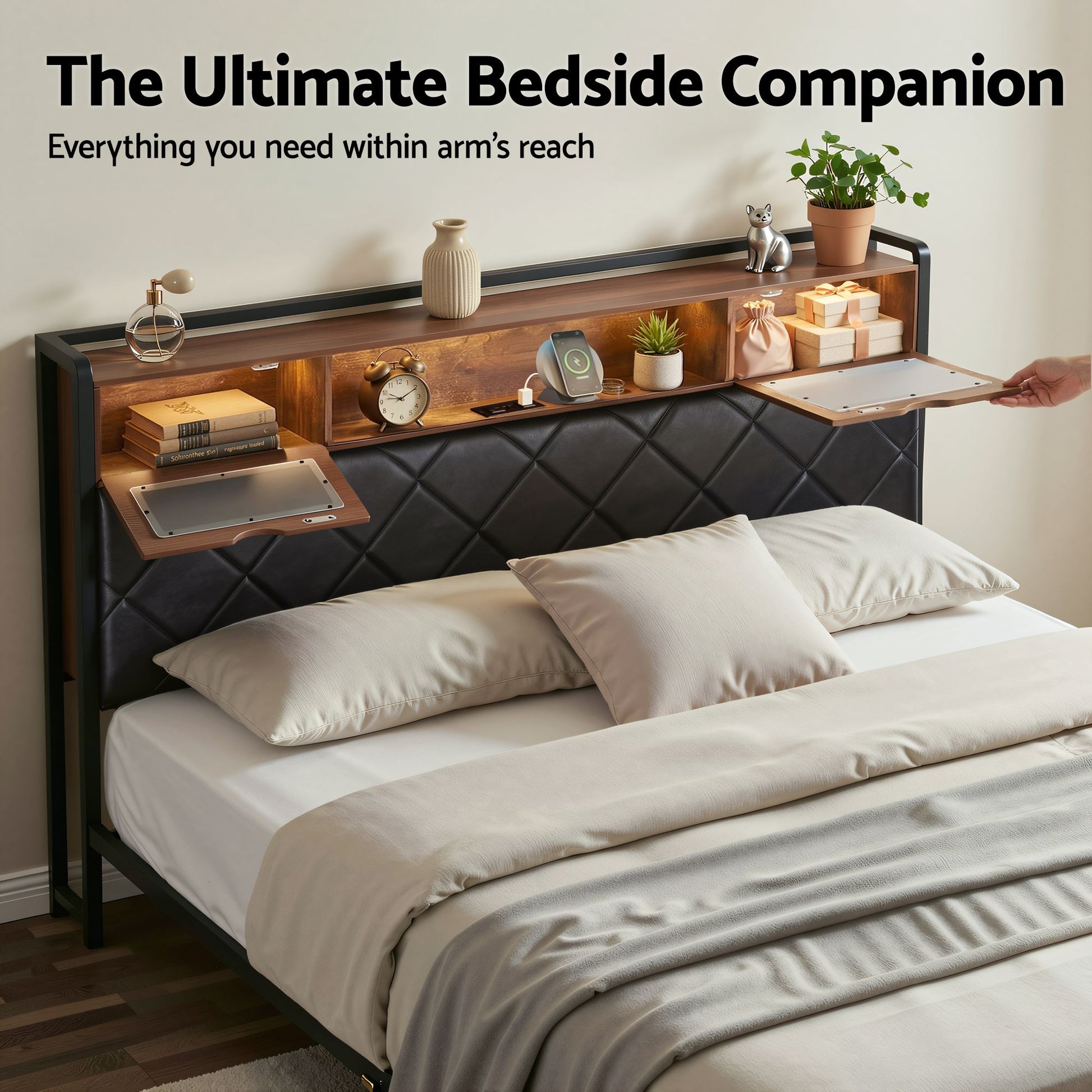 Artiss King Bed Frame with LED Lights and Storage Headboard Charging Station BFRAME-J-MEL-K-BK-AB