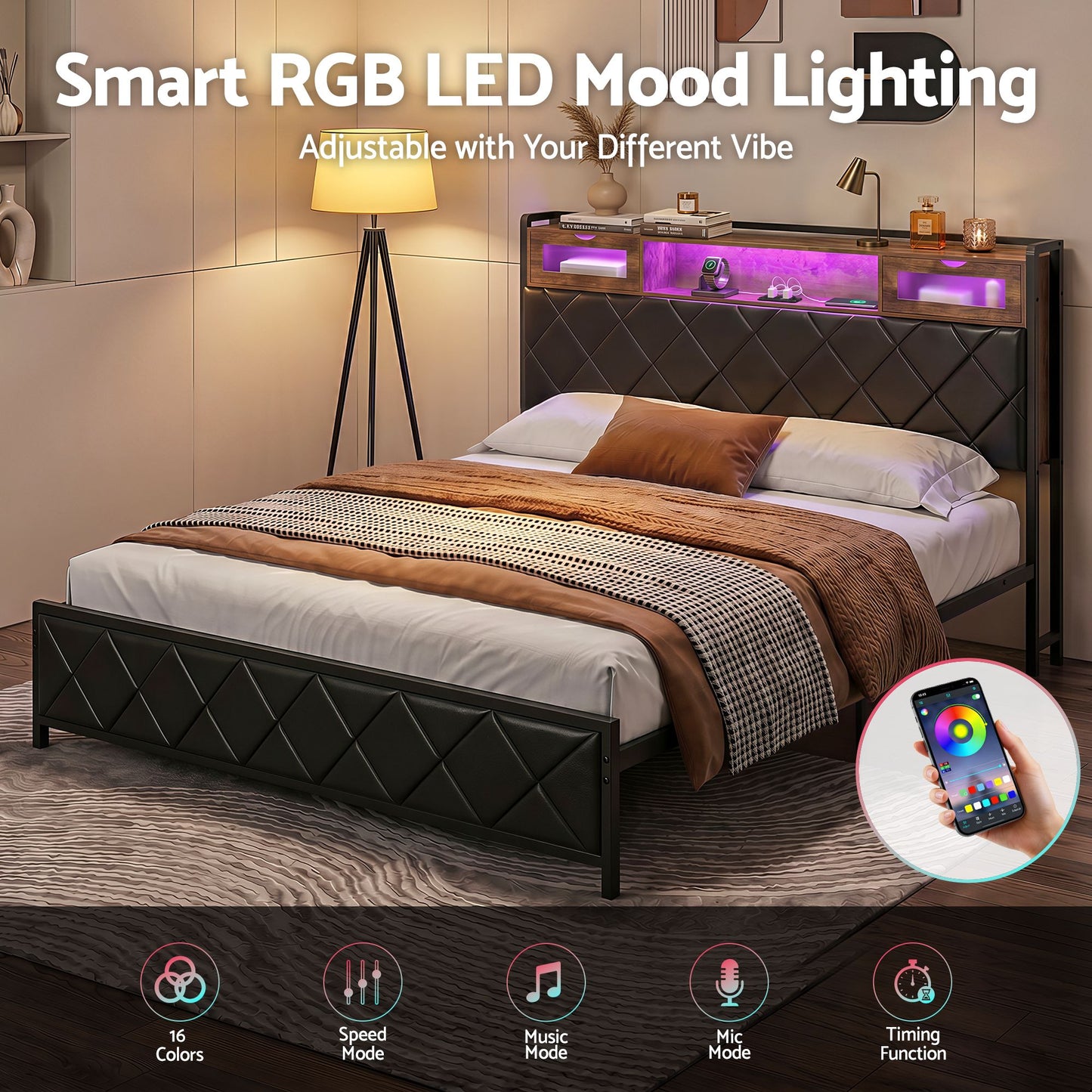 Artiss King Bed Frame with LED Lights and Storage Headboard Charging Station BFRAME-J-MEL-K-BK-AB