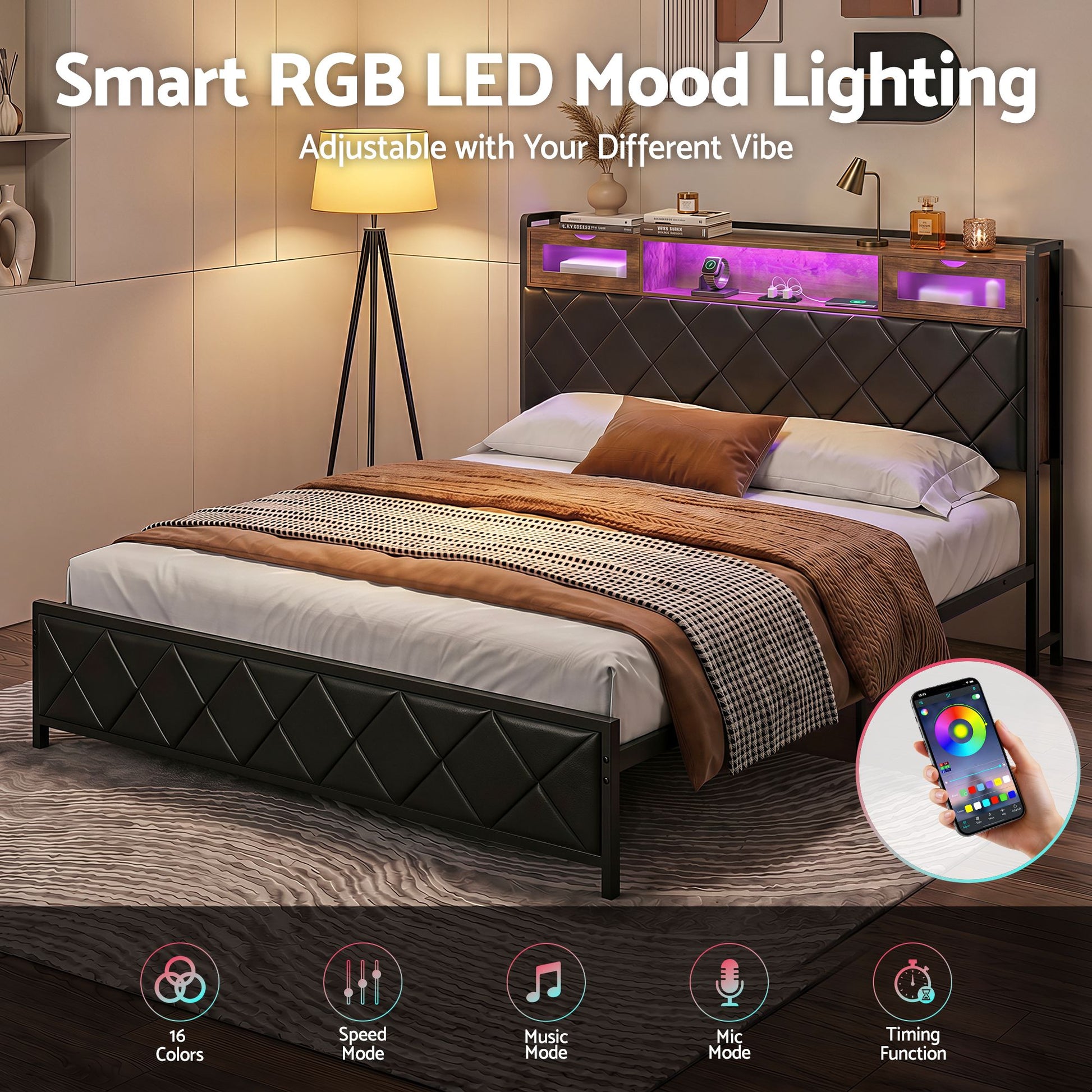 Artiss King Bed Frame with LED Lights and Storage Headboard Charging Station BFRAME-J-MEL-K-BK-AB