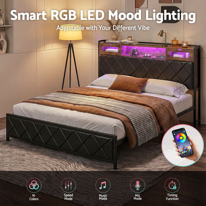 Artiss King Bed Frame with LED Lights and Storage Headboard Charging Station BFRAME-J-MEL-K-BK-AB