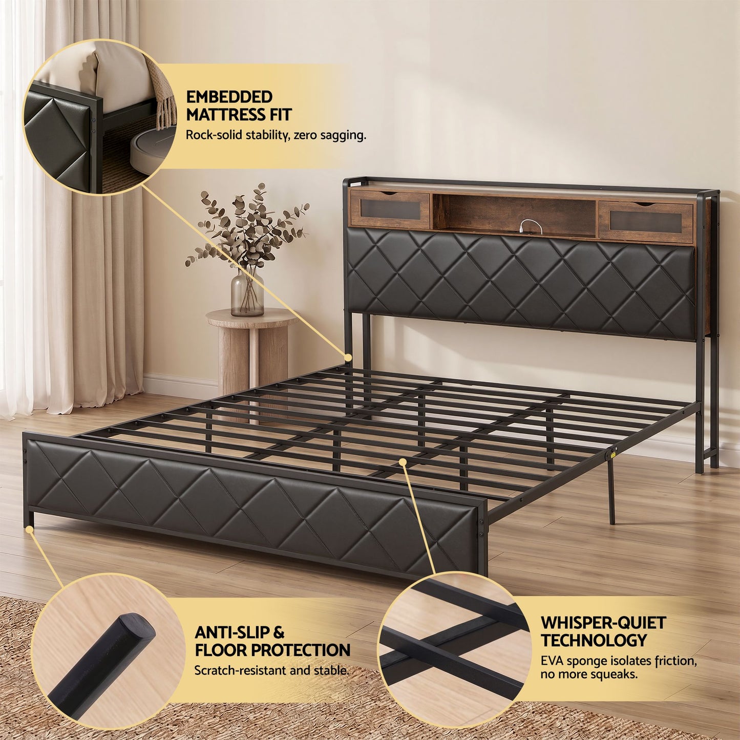 Artiss King Bed Frame with LED Lights and Storage Headboard Charging Station BFRAME-J-MEL-K-BK-AB
