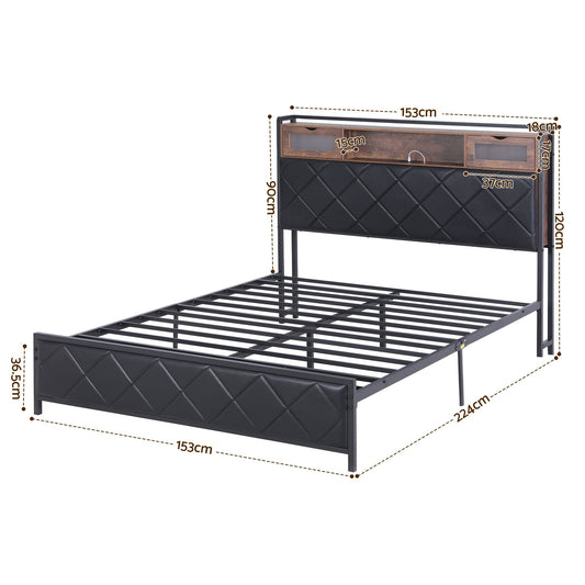 Artiss Queen Bed Frame with LED Lights and Storage Headboard Charging Station BFRAME-J-MEL-Q-BK-AB