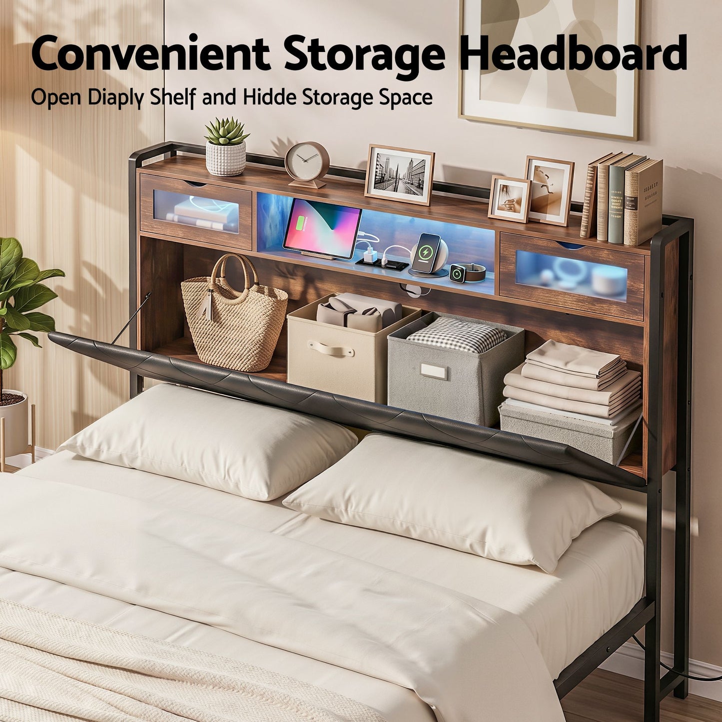 Artiss Queen Bed Frame with LED Lights and Storage Headboard Charging Station BFRAME-J-MEL-Q-BK-AB