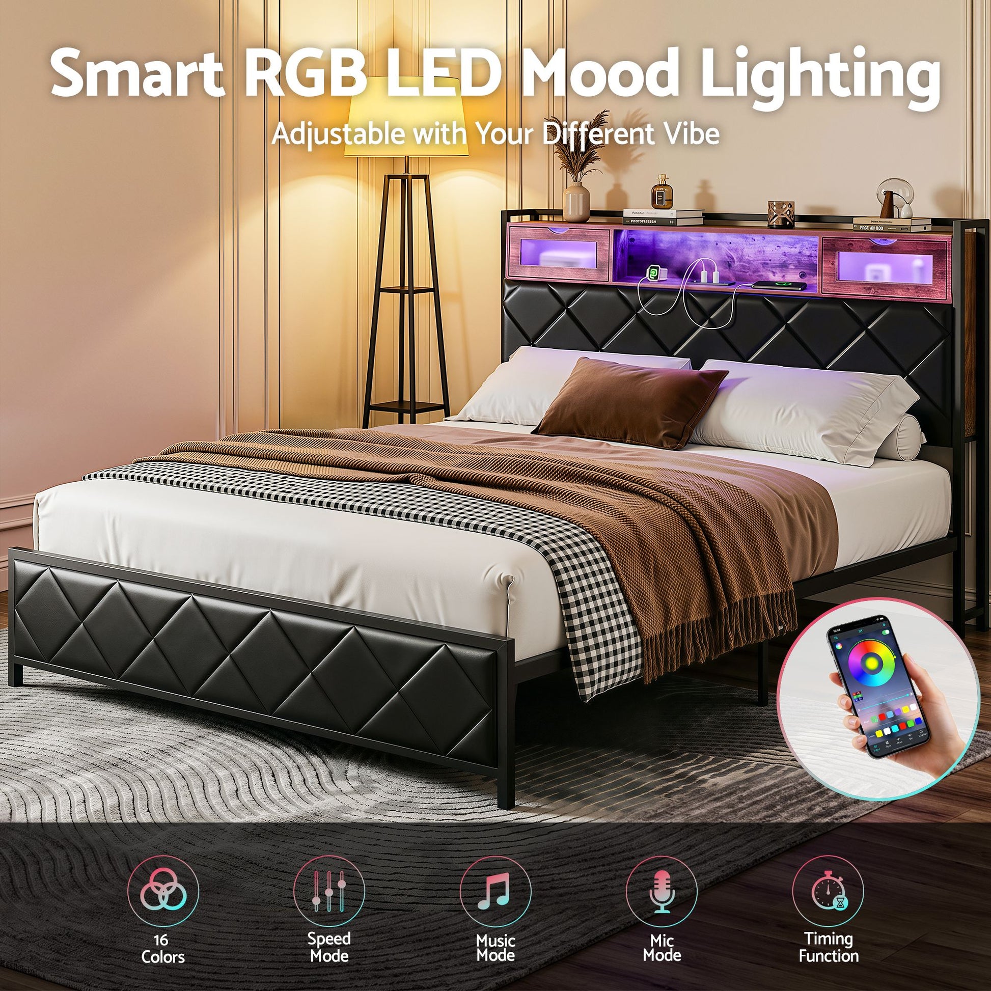 Artiss Queen Bed Frame with LED Lights and Storage Headboard Charging Station BFRAME-J-MEL-Q-BK-AB