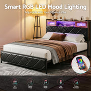 Artiss Queen Bed Frame with LED Lights and Storage Headboard Charging Station