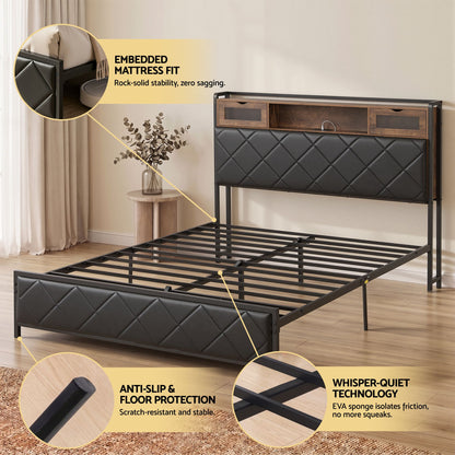 Artiss Queen Bed Frame with LED Lights and Storage Headboard Charging Station BFRAME-J-MEL-Q-BK-AB