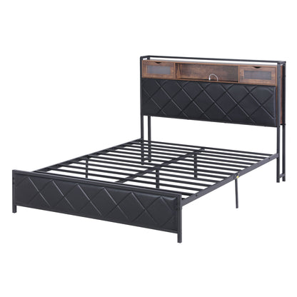 Artiss Queen Bed Frame with LED Lights and Storage Headboard Charging Station BFRAME-J-MEL-Q-BK-AB