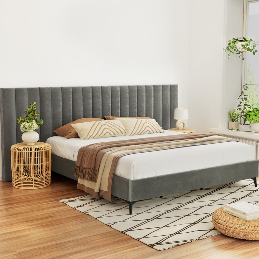 Artiss LOTT Grey King Velvet Bed Frame BFRAME-K-LOTT-K-GY-ABCD