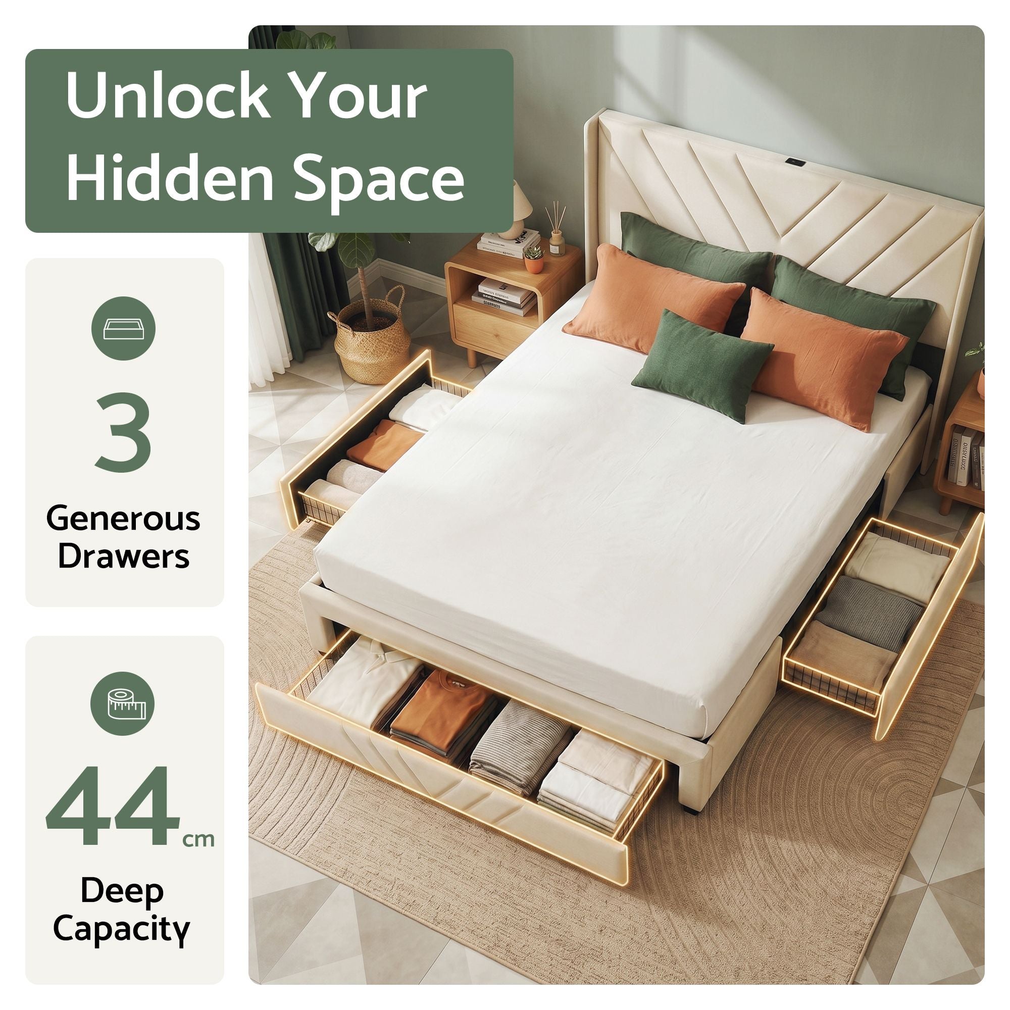 Artiss Double Bed Frame with Charging Station and Storage Drawers Beige 300KG Noise Free