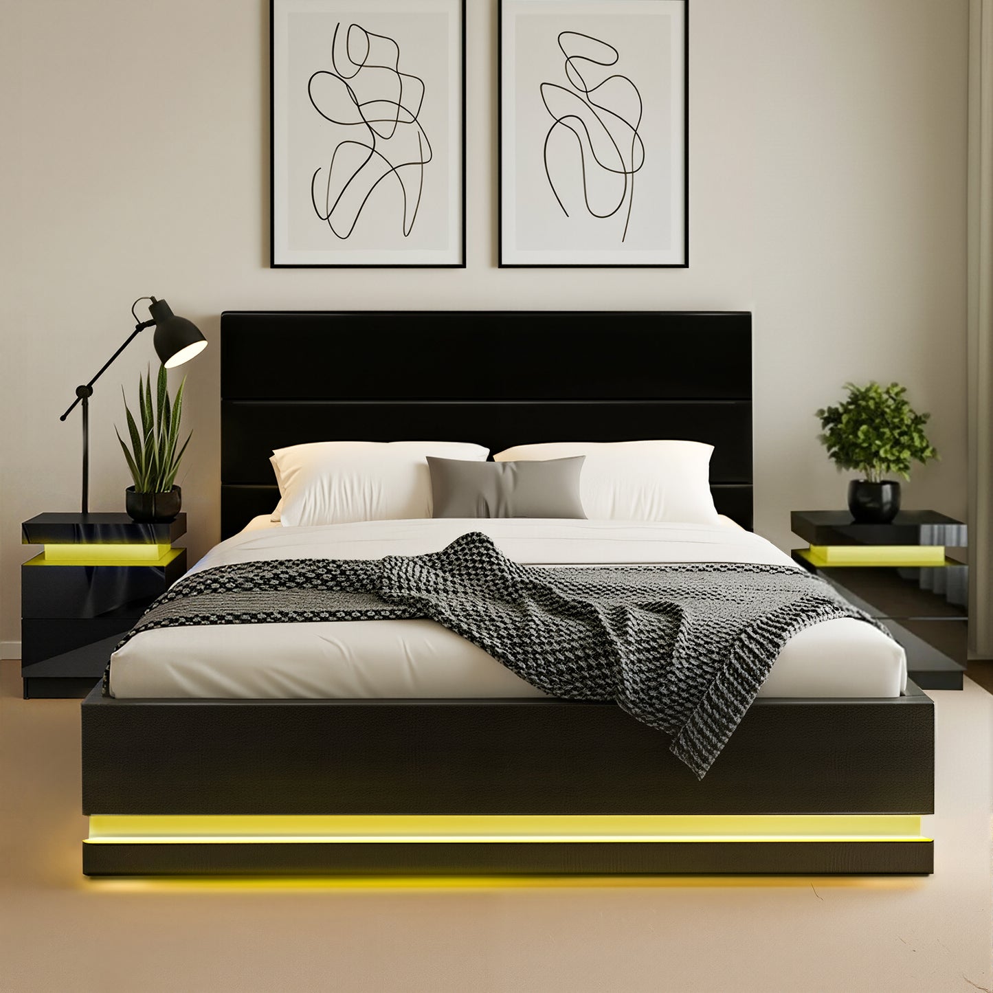 Artiss RGB LED Queen Bed Frame with 2 Beside Tables Set 16 Colour Mood Lighting BFRAME-LUMI-Q-BS-SET