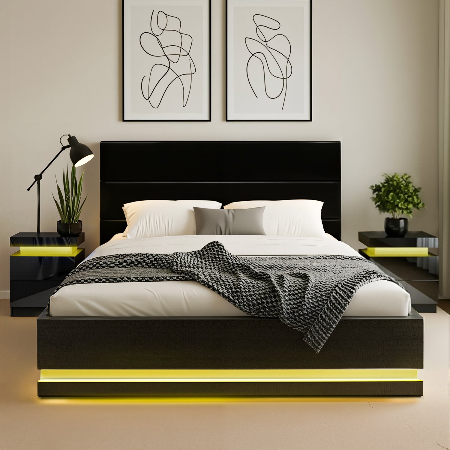 Artiss RGB LED Queen Bed Frame with 2 Beside Tables Set 16 Colour Mood Lighting BFRAME-LUMI-Q-BS-SET