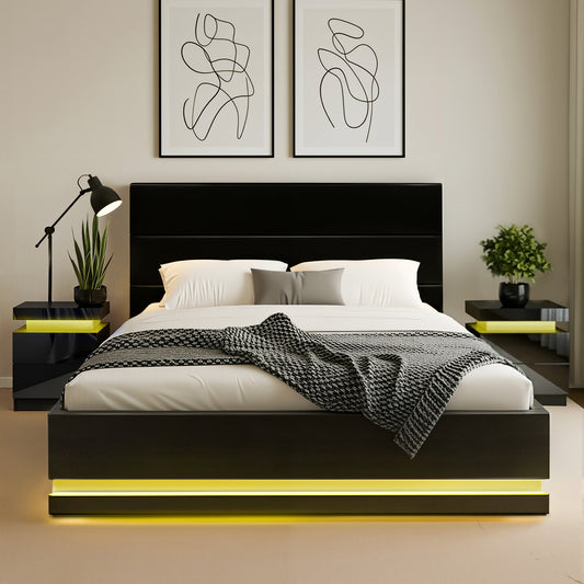 Artiss RGB LED Queen Bed Frame with 2 Beside Tables Set 16 Colour Mood Lighting BFRAME-LUMI-Q-BS-SET