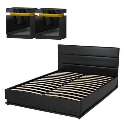 Artiss RGB LED Queen Bed Frame with 2 Beside Tables Set 16 Colour Mood Lighting BFRAME-LUMI-Q-BS-SET