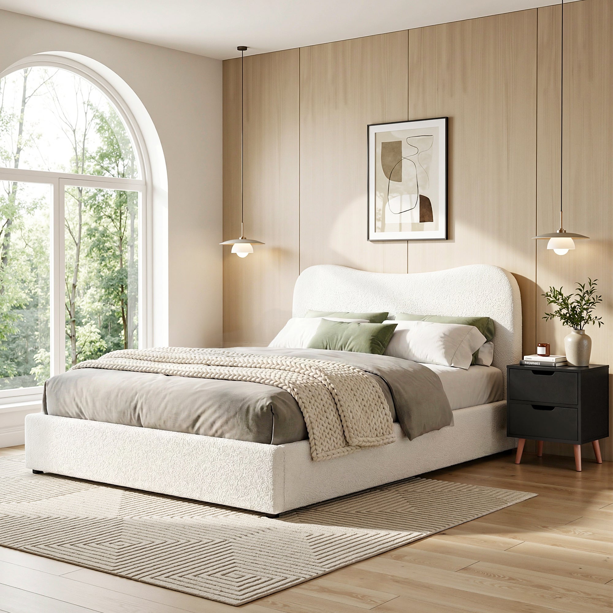 Artiss Double Bed Frame and Bedside Table Set Boucle Beige with Headboard Black Nightstand BFRAME-SET-DARA-SCAN-BS01