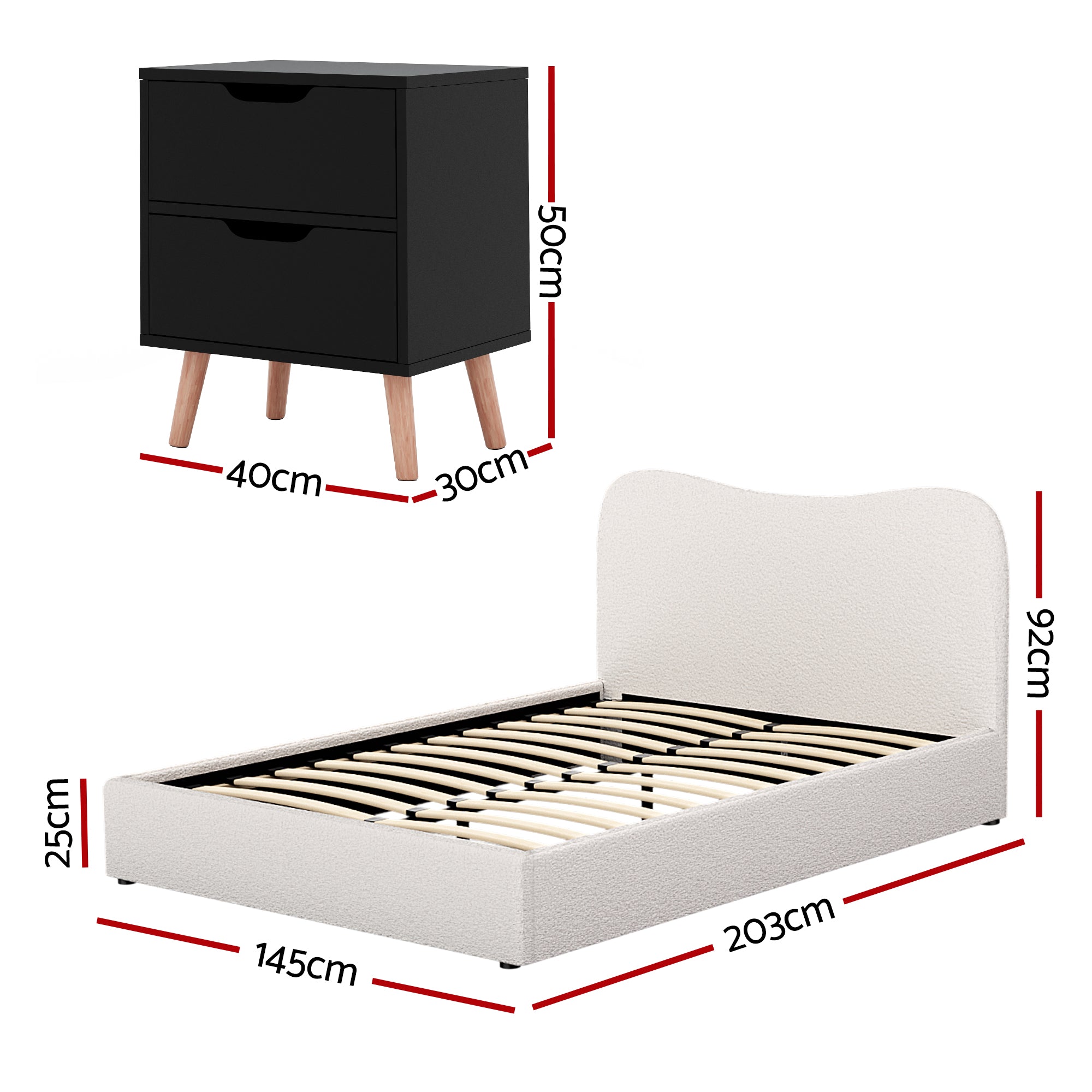 Artiss Double Bed Frame and Bedside Table Set Boucle Beige with Headboard Black Nightstand BFRAME-SET-DARA-SCAN-BS01