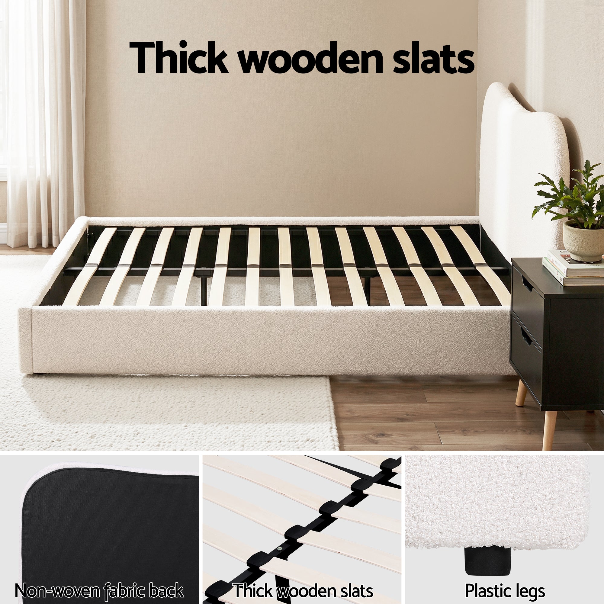 Artiss Double Bed Frame and Bedside Table Set Boucle Beige with Headboard Black Nightstand BFRAME-SET-DARA-SCAN-BS01