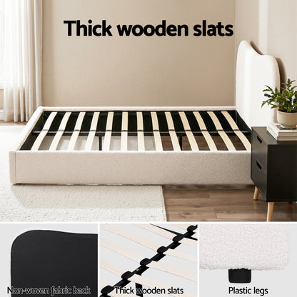 Artiss Double Bed Frame and Bedside Table Set Boucle Beige with Headboard Black Nightstand BFRAME-SET-DARA-SCAN-BS01