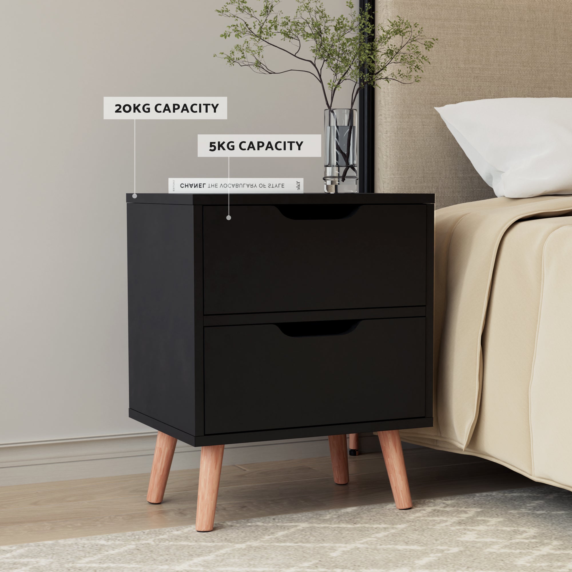 Artiss Double Bed Frame and Bedside Table Set Boucle Beige with Headboard Black Nightstand BFRAME-SET-DARA-SCAN-BS01