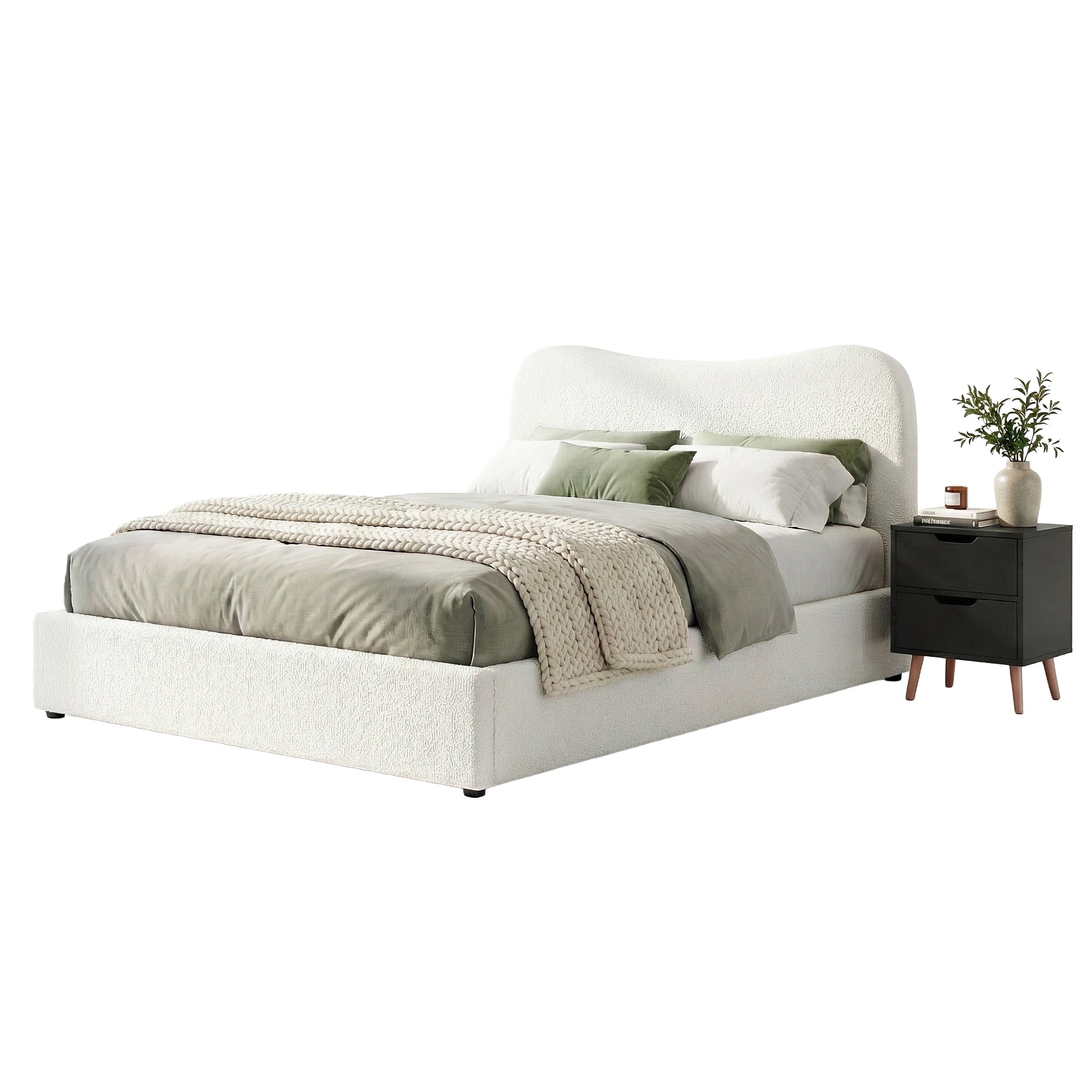 Artiss Double Bed Frame and Bedside Table Set Boucle Beige with Headboard Black Nightstand BFRAME-SET-DARA-SCAN-BS01
