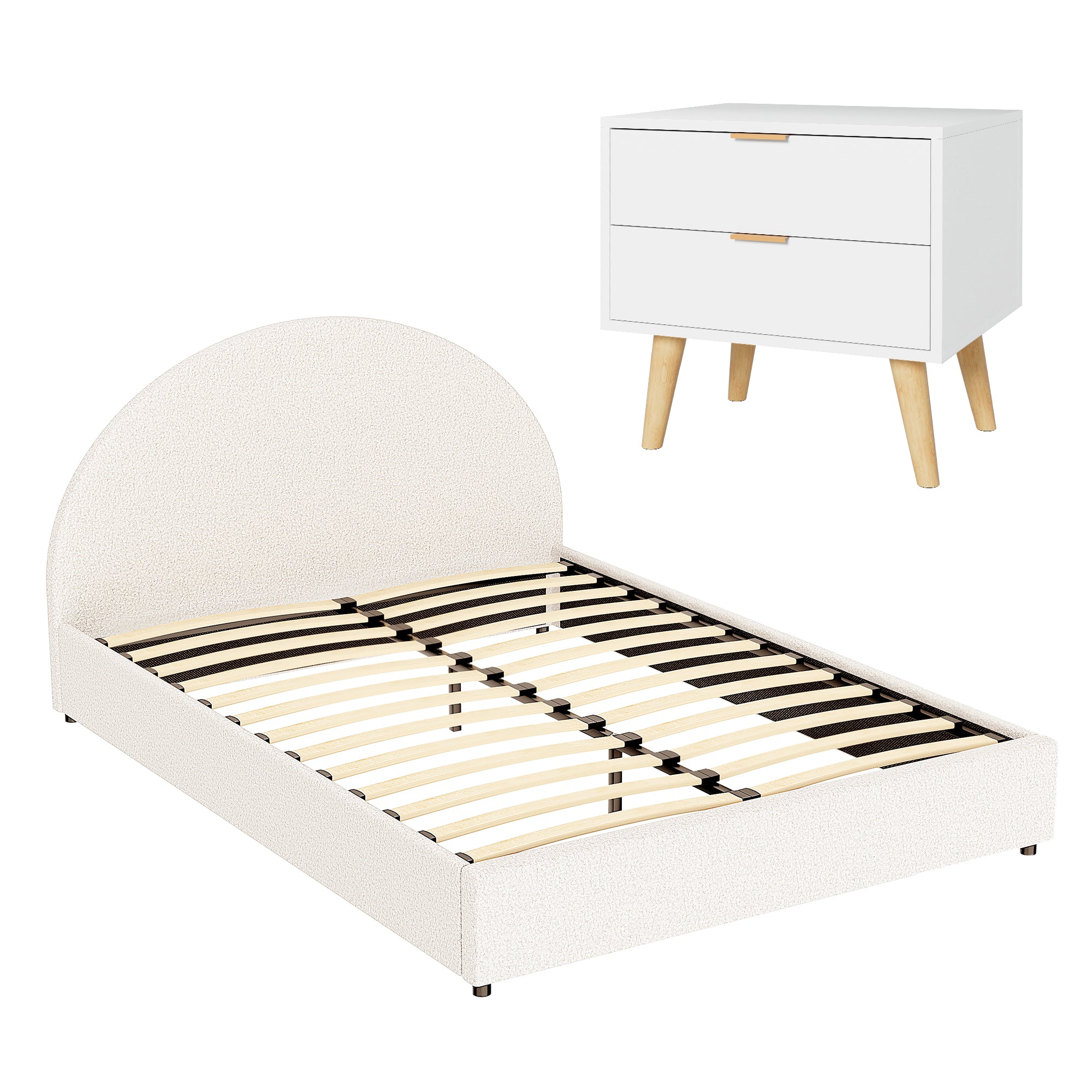 Artiss Queen Bed Frame Bedside Table Set Gas Lift Storage Base with Boucle Fabric Upholstered Headboard 2 BFRAME-SET-ELLA-BS-03
