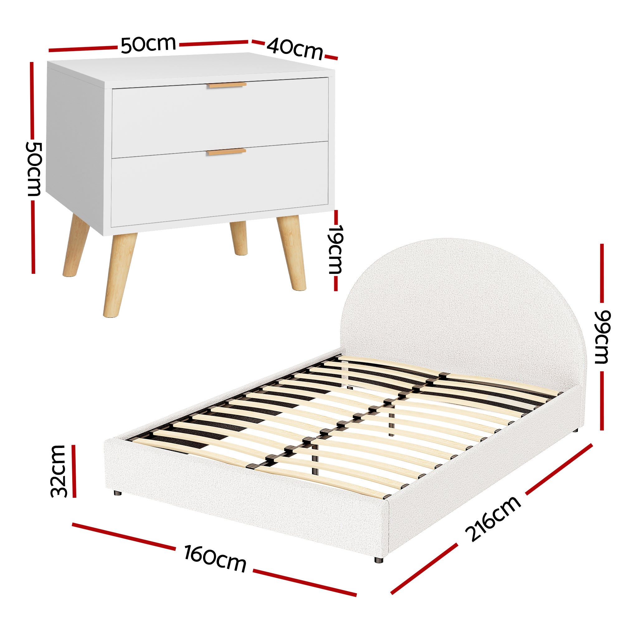 Artiss Queen Bed Frame Bedside Table Set Gas Lift Storage Base with Boucle Fabric Upholstered Headboard 2 BFRAME-SET-ELLA-BS-03