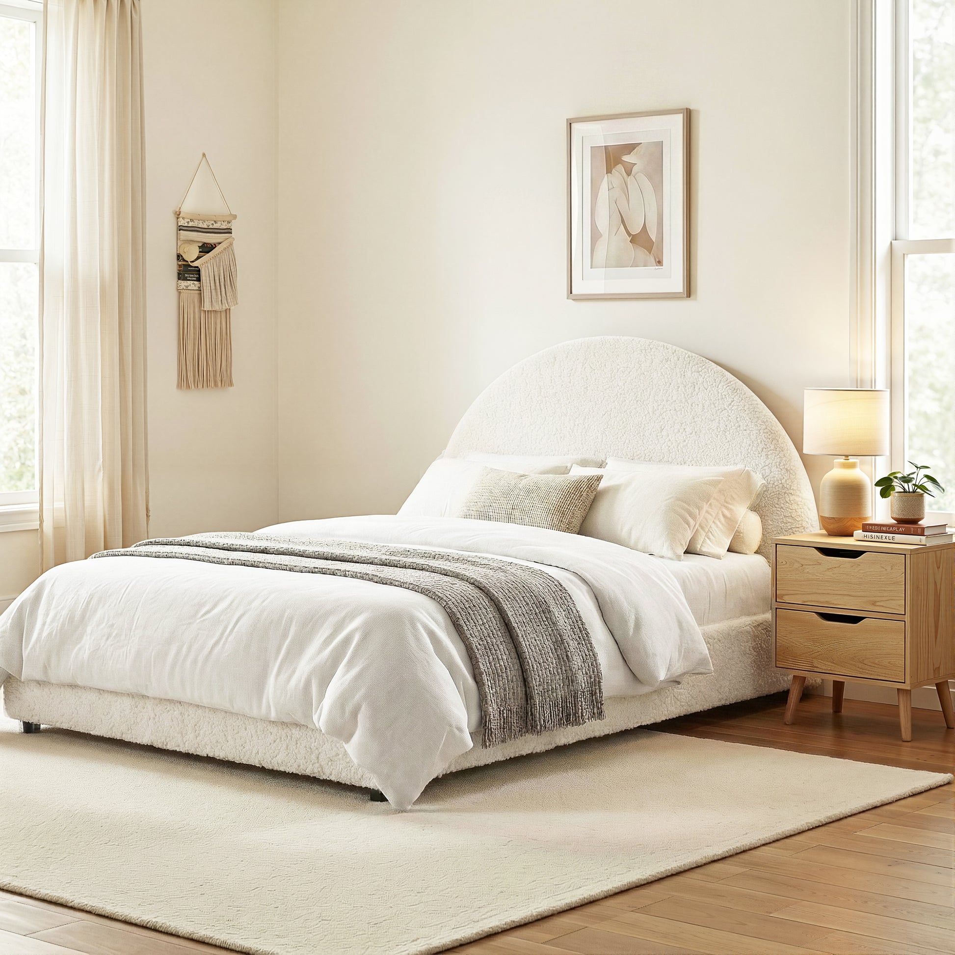 Artiss Gas Lift Queen Bed Frame with Bedside Table Set Boucle Fabric Upholstered Platform Bed Nightstand BFRAME-SET-ELLA-SCAN-BS01