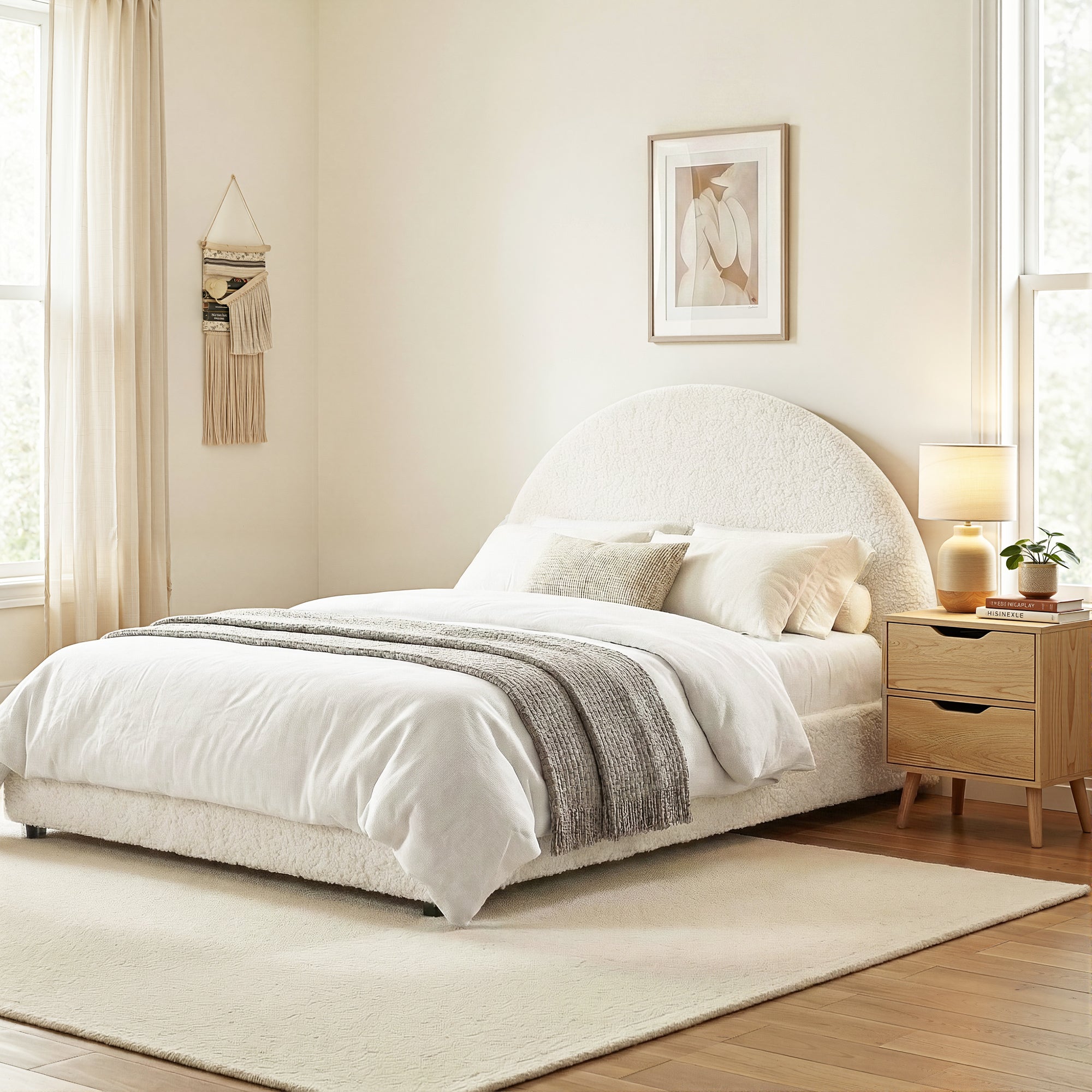Artiss Gas Lift Queen Bed Frame with Bedside Table Set Boucle Fabric Upholstered Platform Bed Nightstand BFRAME-SET-ELLA-SCAN-BS01