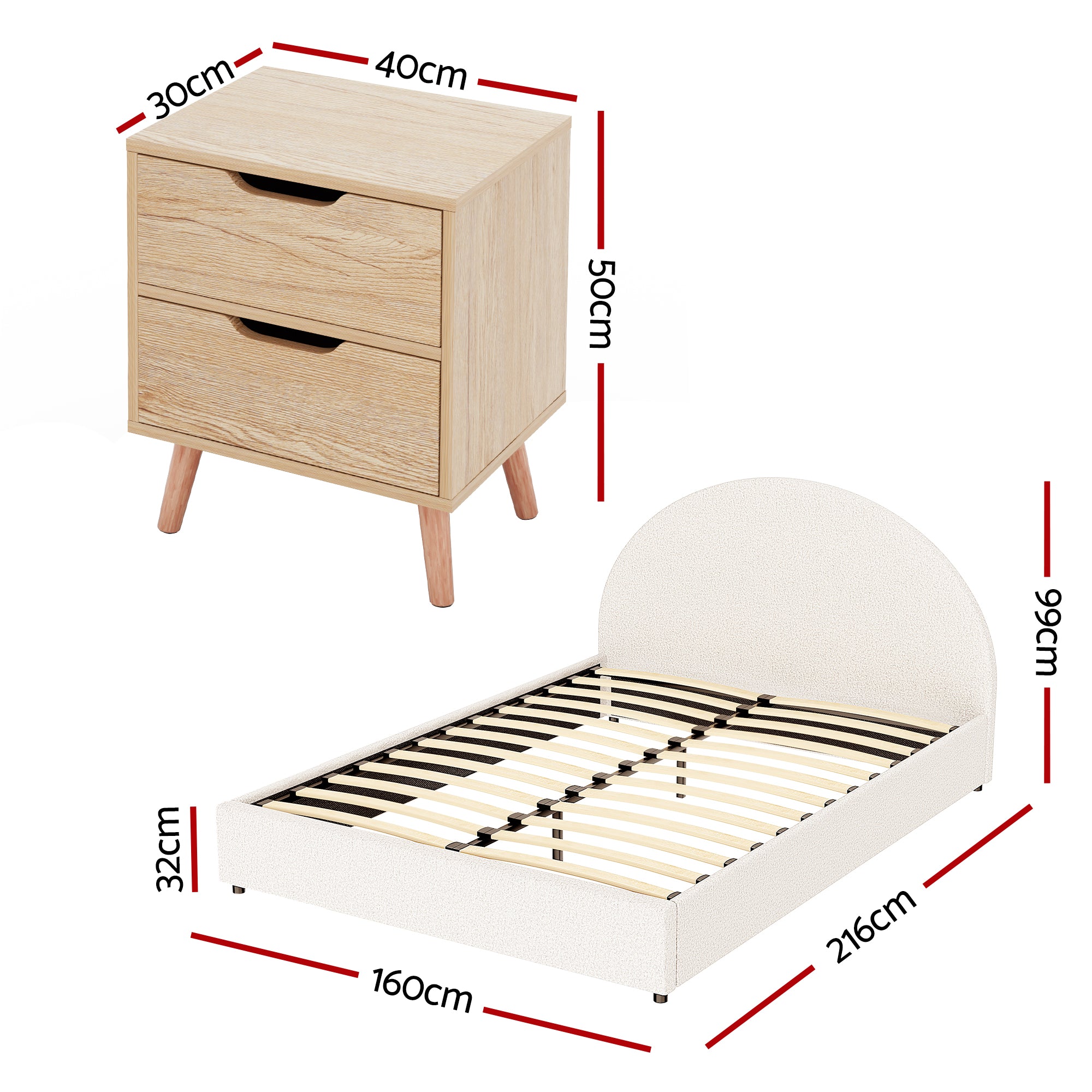 Artiss Gas Lift Queen Bed Frame with Bedside Table Set Boucle Fabric Upholstered Platform Bed Nightstand BFRAME-SET-ELLA-SCAN-BS01