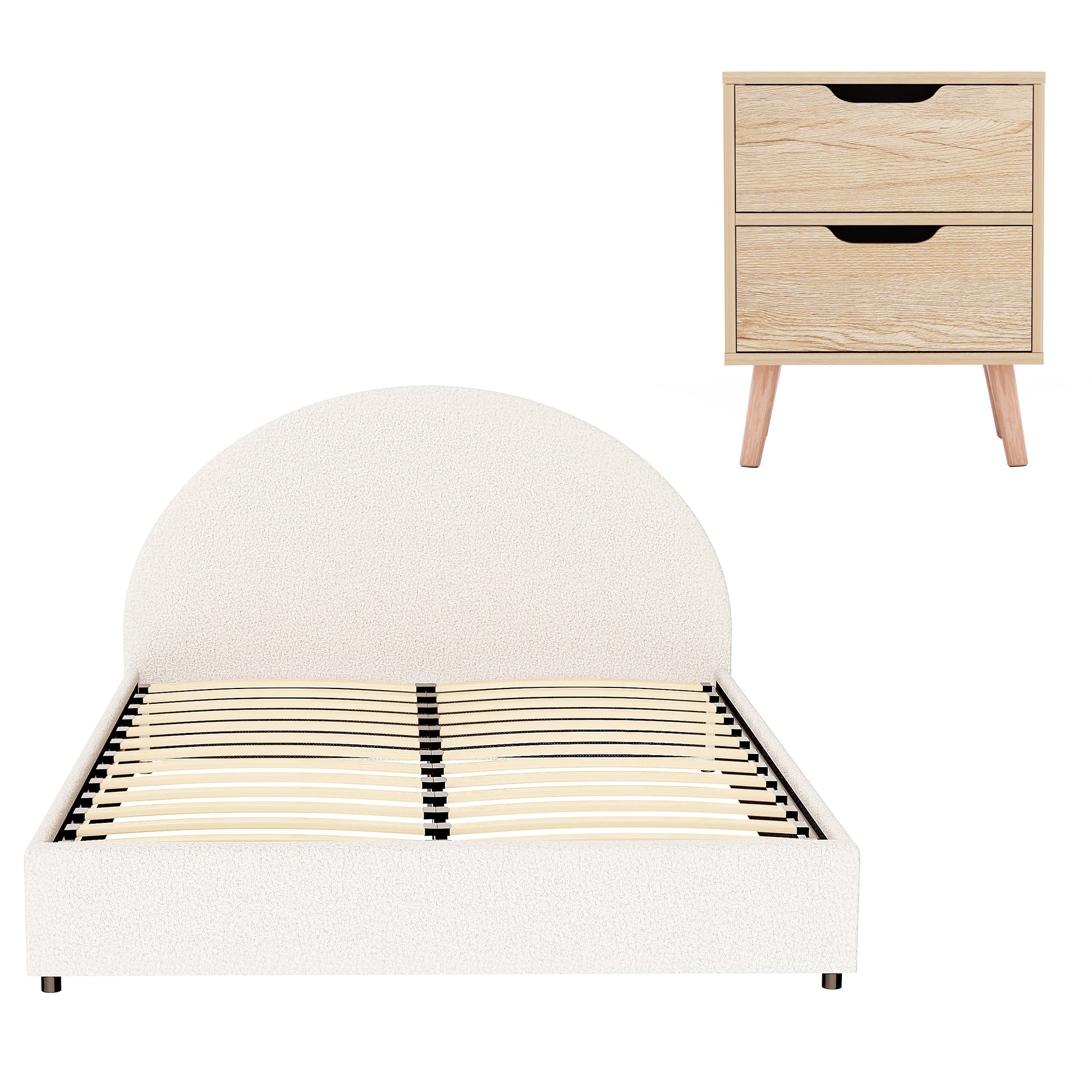 Artiss Gas Lift Queen Bed Frame with Bedside Table Set Boucle Fabric Upholstered Platform Bed Nightstand BFRAME-SET-ELLA-SCAN-BS01