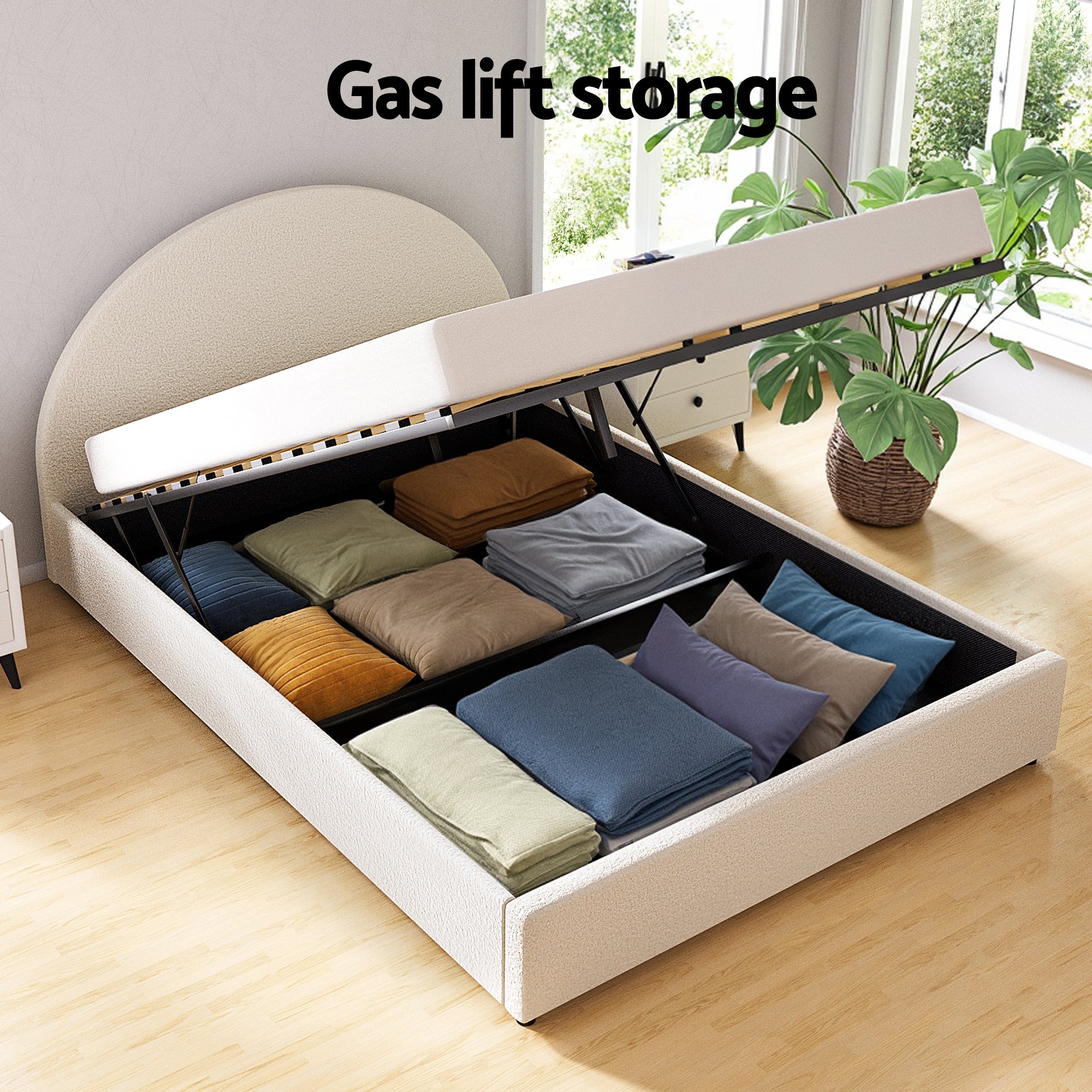 Artiss Gas Lift Queen Bed Frame with Bedside Table Set Boucle Fabric Upholstered Platform Bed Nightstand BFRAME-SET-ELLA-SCAN-BS01