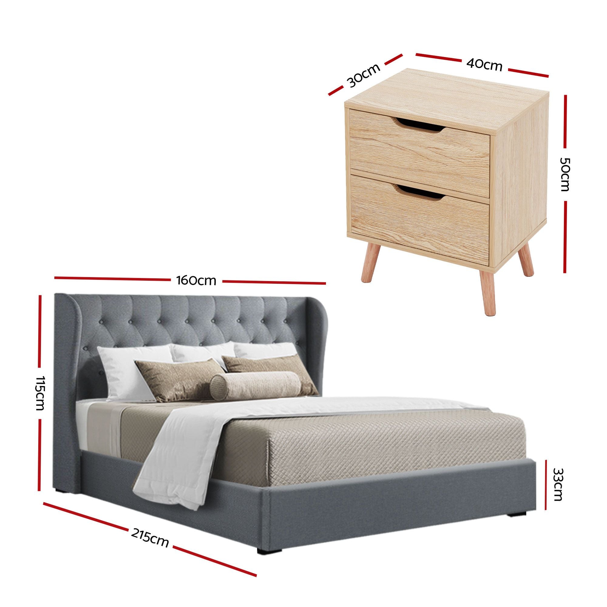 Artiss Gas Lift Queen Bed Frame and Bedside Table Set 2 Drawer Nightstand Bedroom Furniture Bundle BFRAME-SET-ISSA-1D1S-BS01