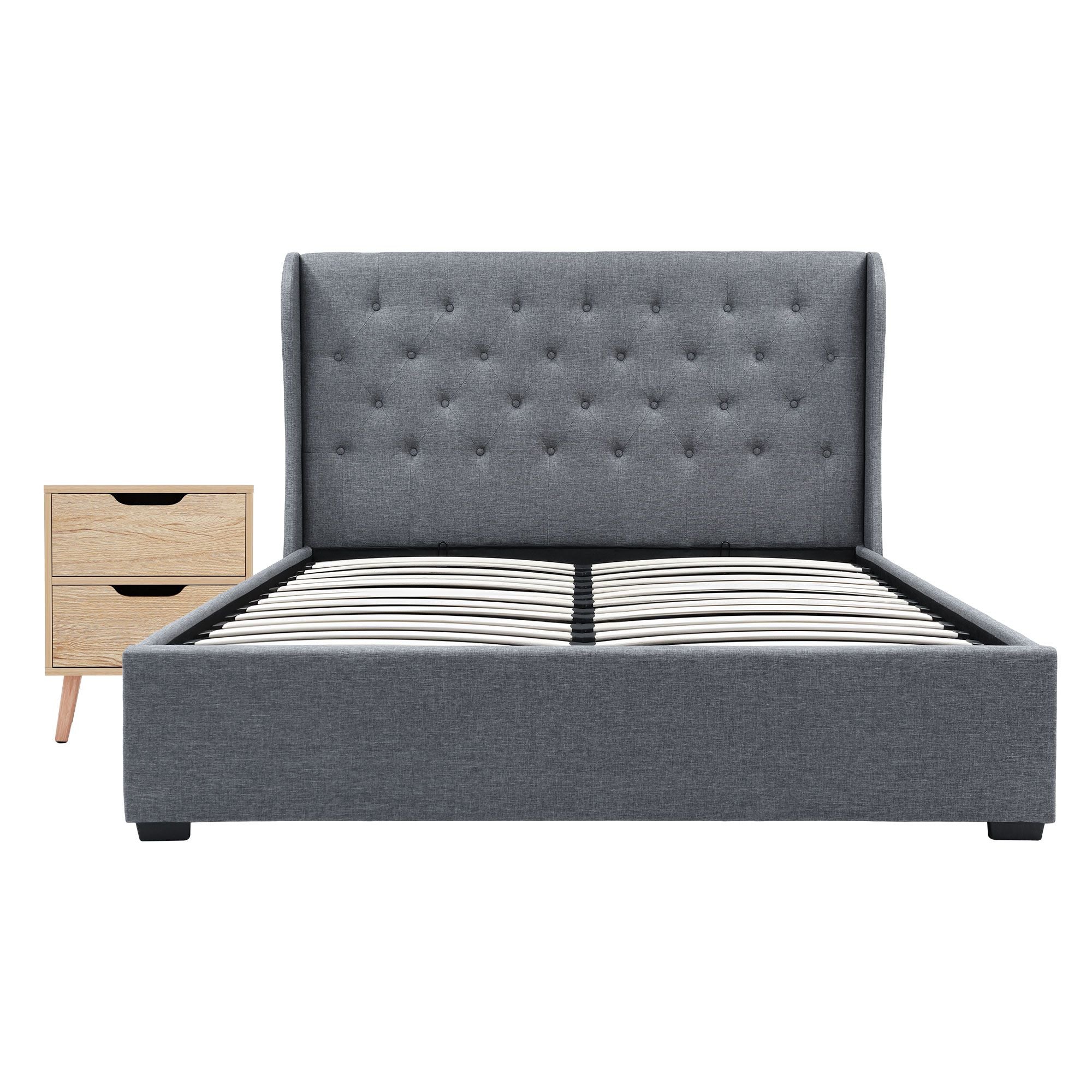 Artiss Gas Lift Queen Bed Frame and Bedside Table Set 2 Drawer Nightstand Bedroom Furniture Bundle BFRAME-SET-ISSA-1D1S-BS01