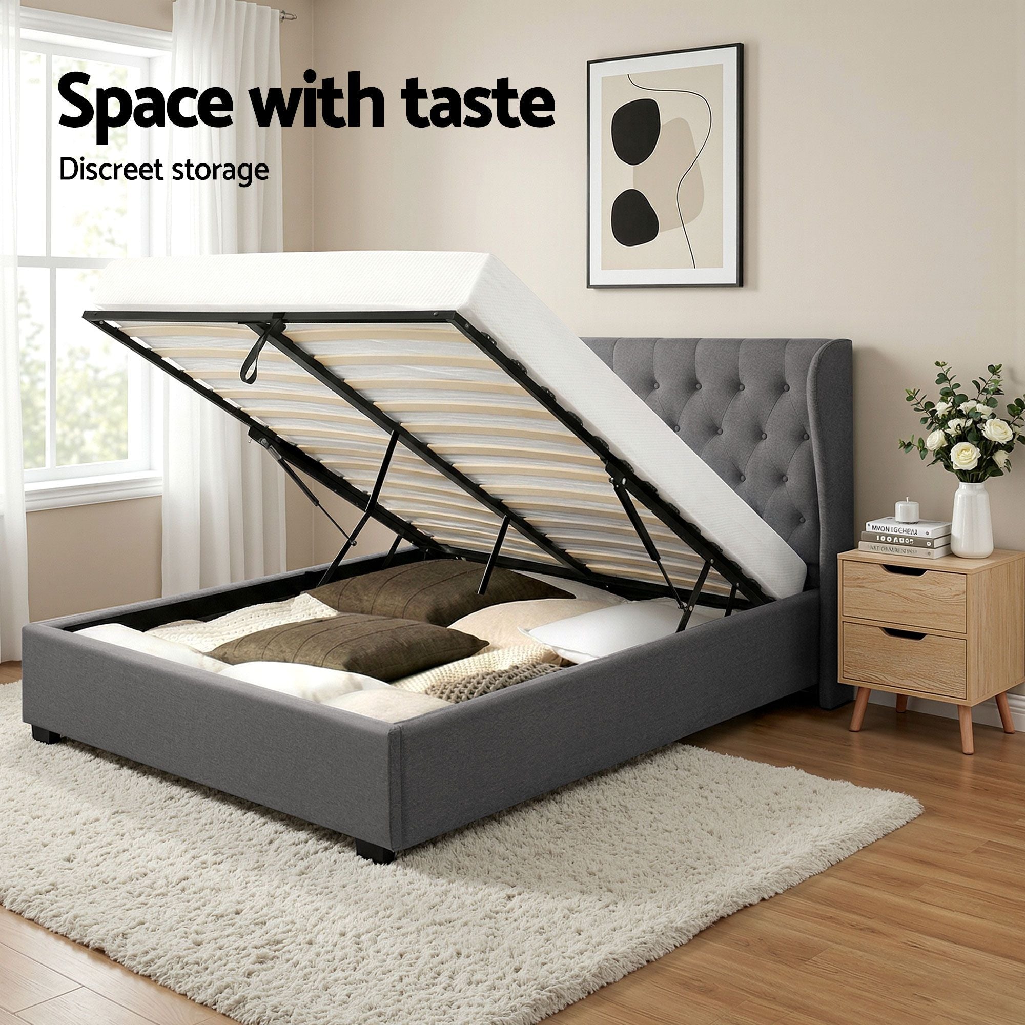 Artiss Gas Lift Queen Bed Frame and Bedside Table Set 2 Drawer Nightstand Bedroom Furniture Bundle BFRAME-SET-ISSA-1D1S-BS01