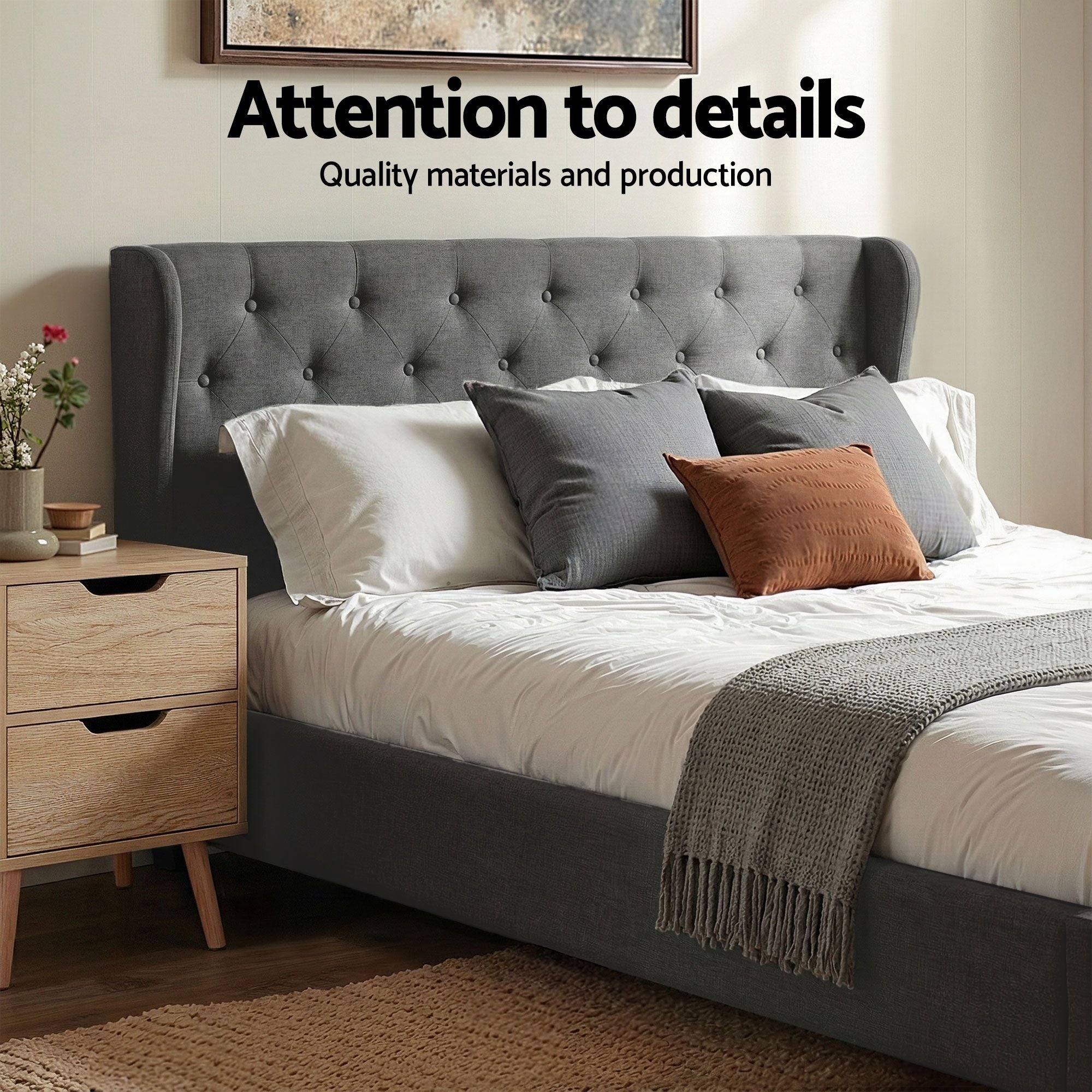 Artiss Gas Lift Queen Bed Frame and Bedside Table Set 2 Drawer Nightstand Bedroom Furniture Bundle BFRAME-SET-ISSA-1D1S-BS01