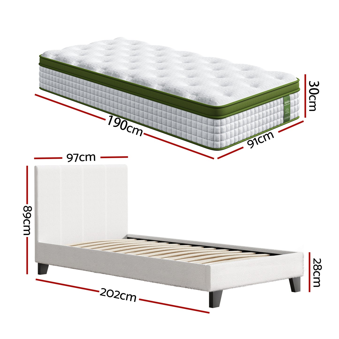 Artiss Single Bed Frame with Hybrid Mattress Set 30cm Medium Firm Platform Headboard Boucle Upholstered BFRAME-SET-NEO-TED-S