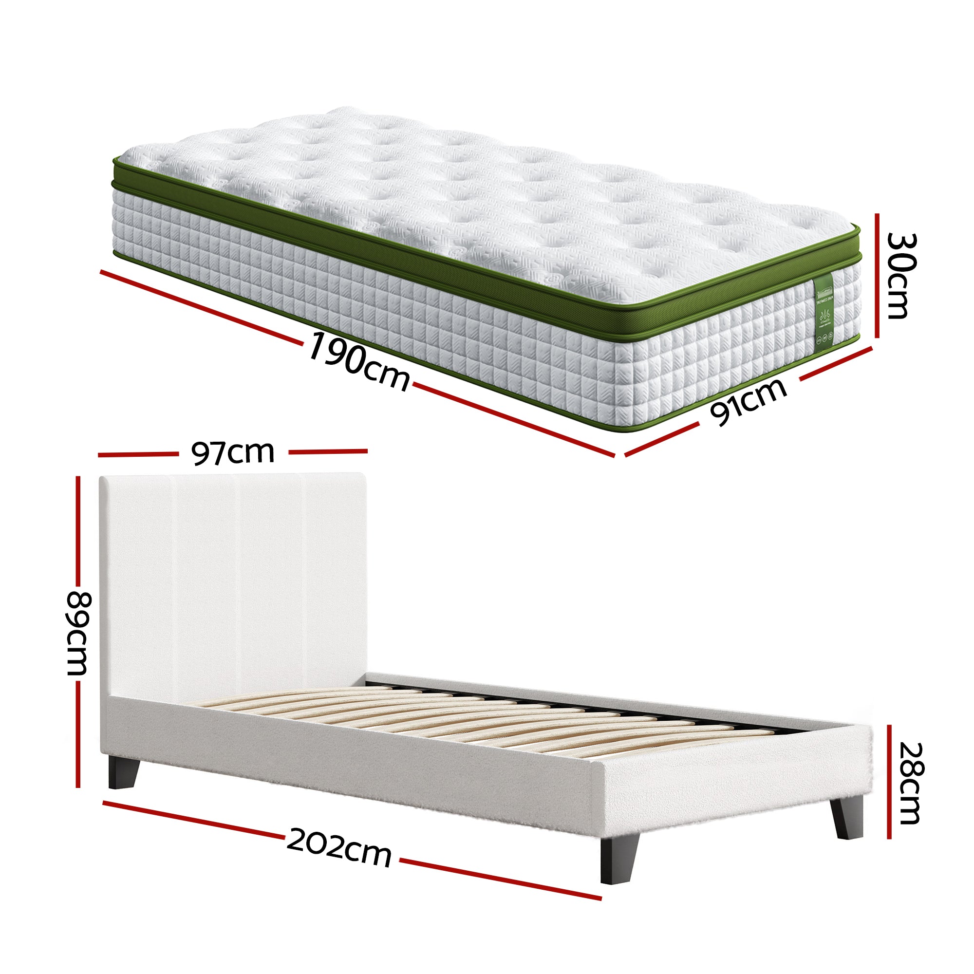 Artiss Single Bed Frame with Hybrid Mattress Set 30cm Medium Firm Platform Headboard Boucle Upholstered BFRAME-SET-NEO-TED-S