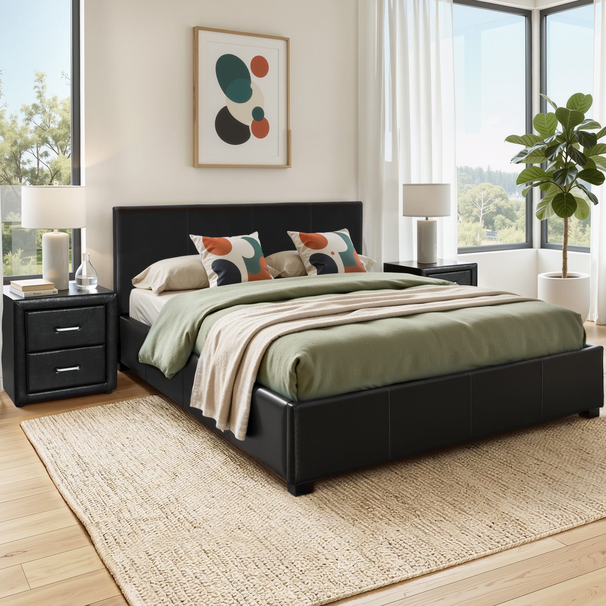 Artiss Gas Lift Queen Bed Frame and Bedside Table Set Leather Black BFRAME-SET-NINO-BSIDE-BK