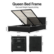 Artiss Gas Lift Queen Bed Frame and Bedside Table Set Leather Black BFRAME-SET-NINO-BSIDE-BK