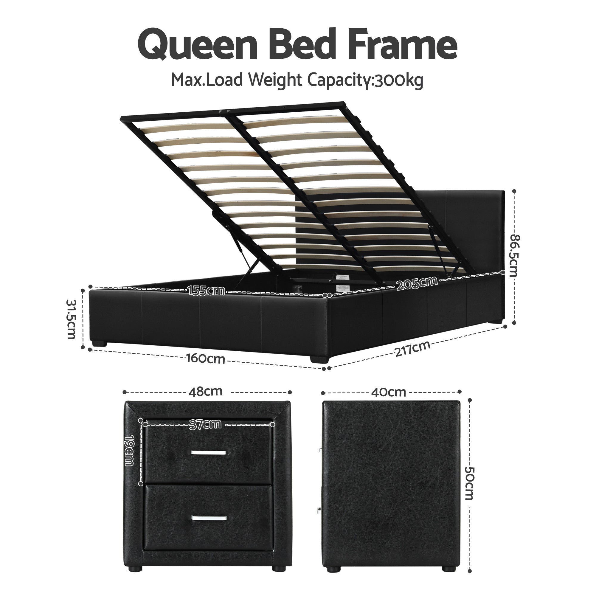Artiss Gas Lift Queen Bed Frame and Bedside Table Set Leather Black BFRAME-SET-NINO-BSIDE-BK