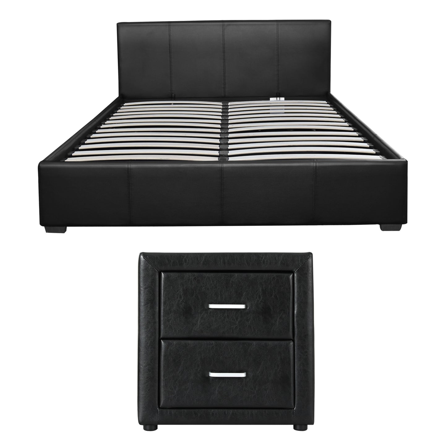 Artiss Gas Lift Queen Bed Frame and Bedside Table Set Leather Black BFRAME-SET-NINO-BSIDE-BK