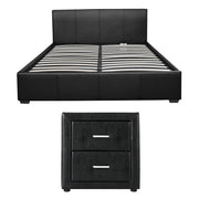 Artiss Gas Lift Queen Bed Frame and Bedside Table Set Leather Black BFRAME-SET-NINO-BSIDE-BK