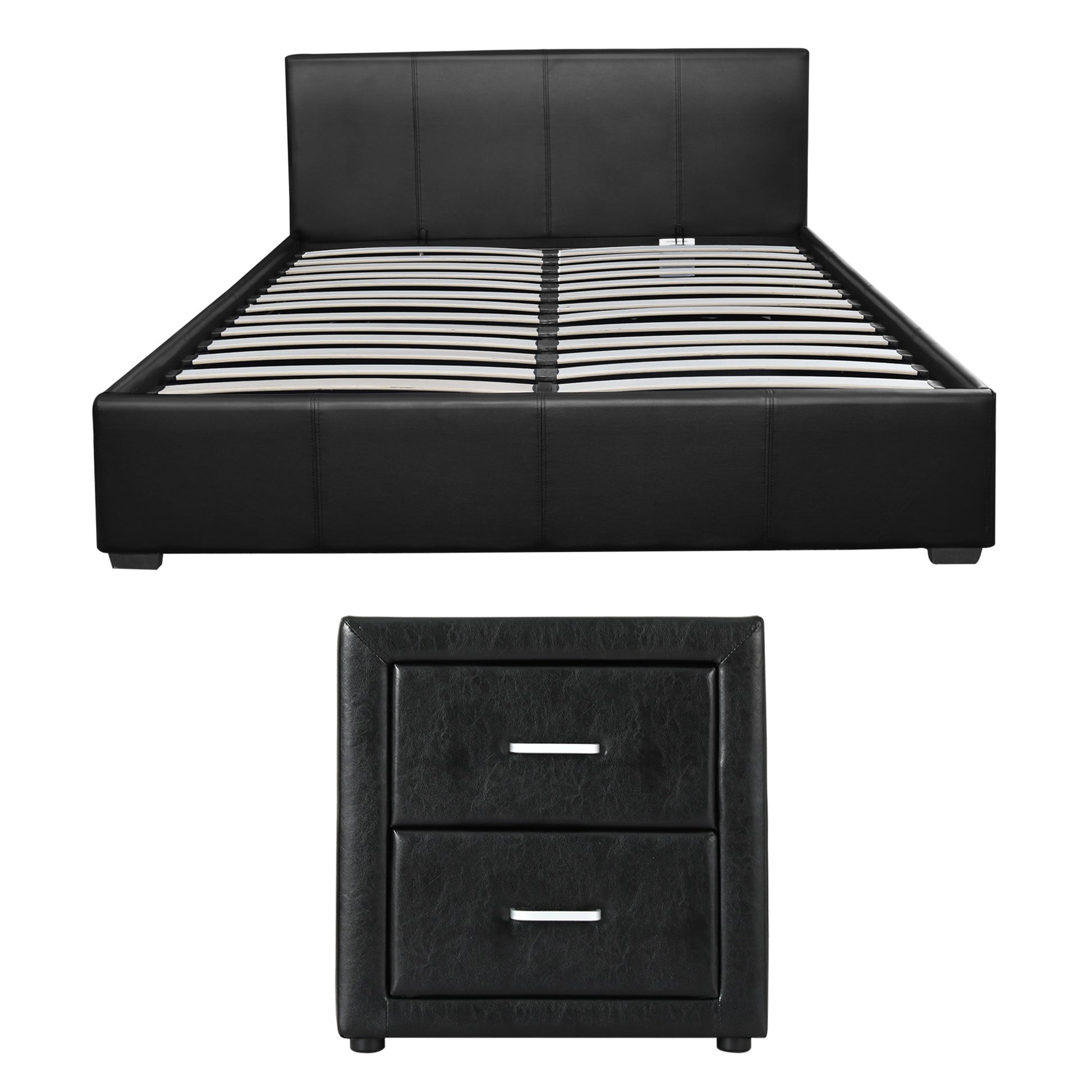 Artiss Gas Lift Queen Bed Frame and Bedside Table Set Leather Black BFRAME-SET-NINO-BSIDE-BK