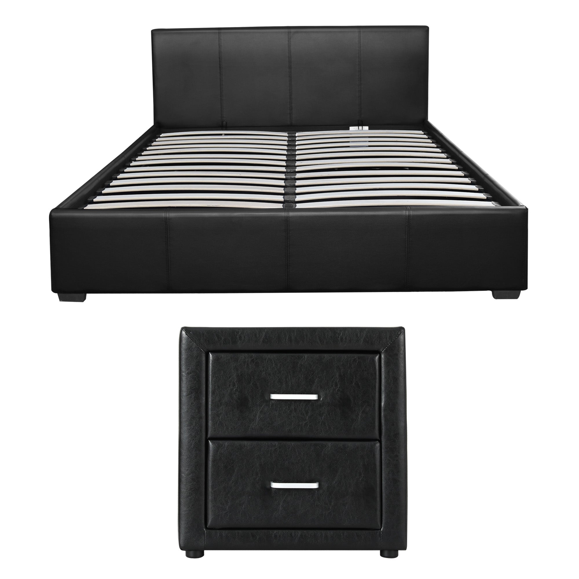 Artiss Gas Lift Queen Bed Frame and Bedside Table Set Leather Black BFRAME-SET-NINO-BSIDE-BK
