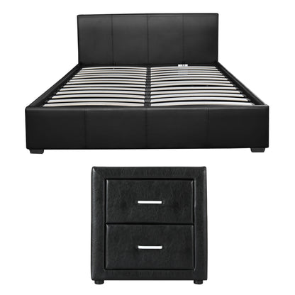 Artiss Gas Lift Queen Bed Frame and Bedside Table Set Leather Black BFRAME-SET-NINO-BSIDE-BK