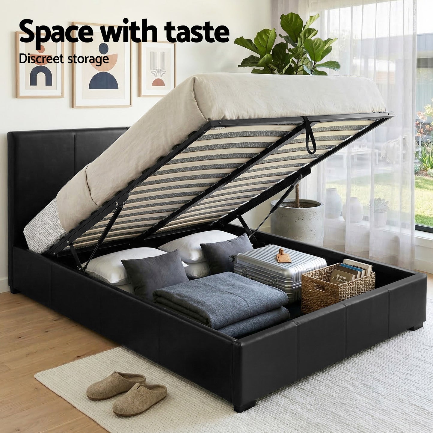Artiss Gas Lift Queen Bed Frame and Bedside Table Set Leather Black BFRAME-SET-NINO-BSIDE-BK