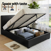 Artiss Gas Lift Queen Bed Frame and Bedside Table Set Leather Black BFRAME-SET-NINO-BSIDE-BK
